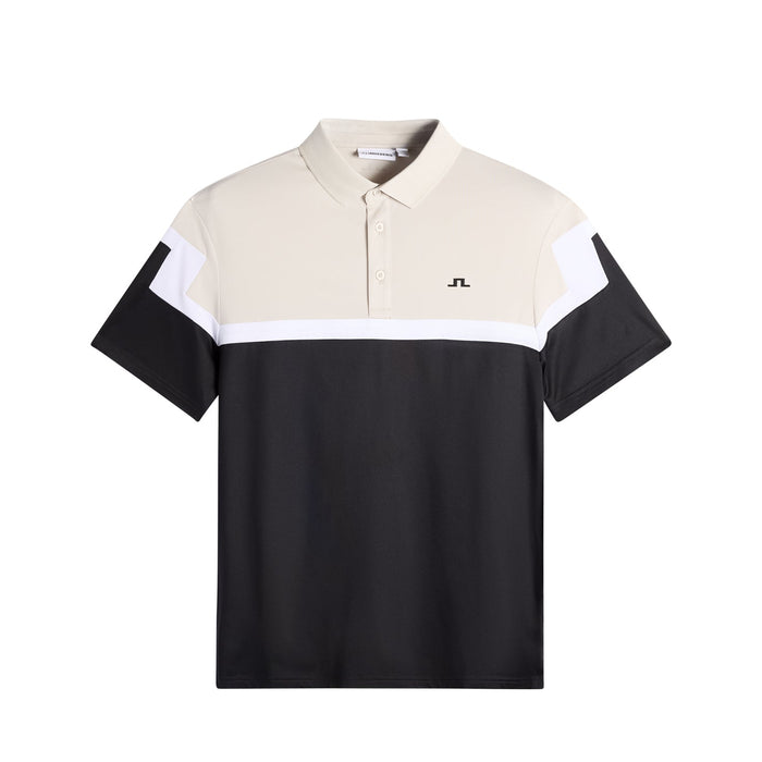 J.Lindeberg Emil Golf Polo Shirt in black and brindle. Showing full view of two tone shirt 