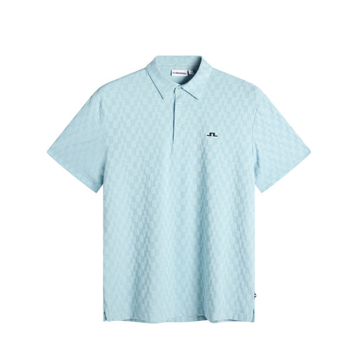 J.Lindeberg Kofe Golf Polo Shirt in light blue, front view of the polo shirt, logo seen clearly