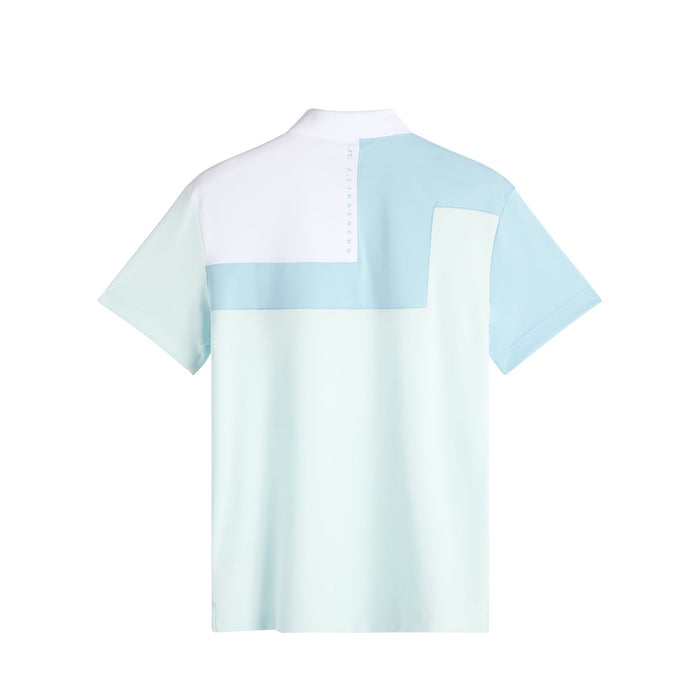 J.Lindeberg Rody Golf Polo Shirt in skylight blue showing the back design featuring the JL logo