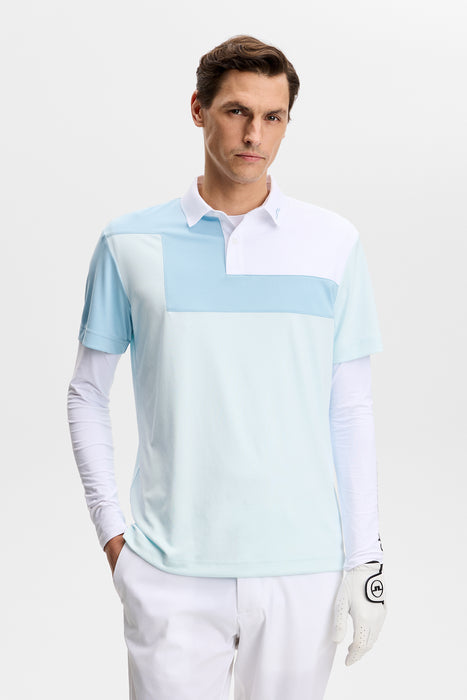J.Lindeberg Rody Golf Polo Shirt in skylight blue on model facing the camera