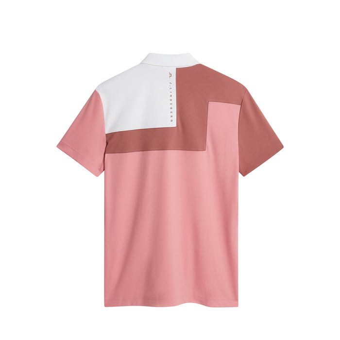 J.Lindeberg Rody Golf Polo Shirt in pink and white, back view of the polo showing j.lindeberg logo