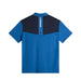 Back view of the blue and navy J.Lindeberg Calex golf polo shirt featuring a branded vertical stripe on the upper back.