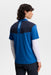 Back view of J.Lindeberg Calex golf polo in blue and navy with a vertical white logo stripe on the upper back.