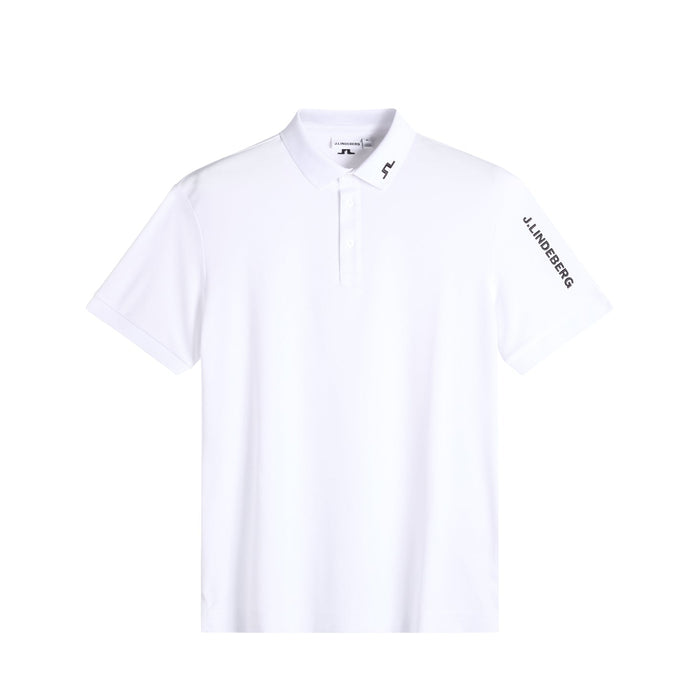 J.Lindeberg Tour Tech Golf Polo Shirt in white. Showing front of plain shirt JL logos on collar and sleeve