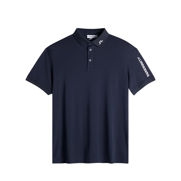J.Lindeberg Tour Tech Golf Polo Shirt in navy, showing front of the polo shirt seeing both JL logos