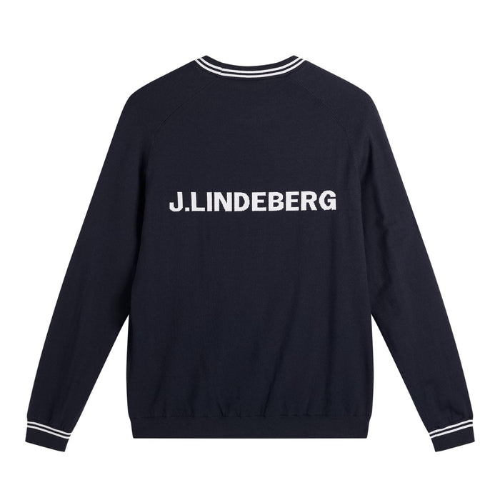 back of the navy J.Lindeberg Kenny Windbreaker Knit Golf Sweatshirt with large j.lindeberg logo