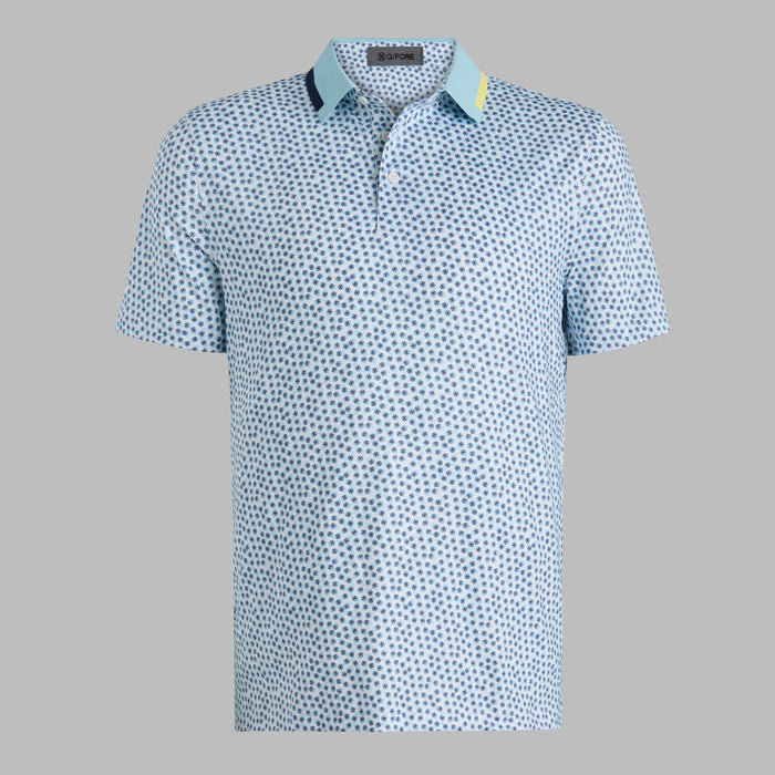 front profile of G/FORE Triple/G Tech Jersey Golf Polo Shirt in white, blue and yellow