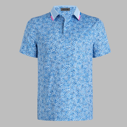 G/FORE Fireworks Tech Jersey Golf Polo Shirt in Baja blue, showing front of polo with pink trim on collar