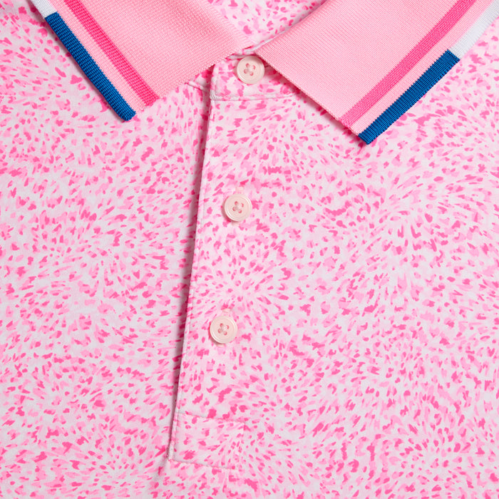 G/FORE Fireworks Tech Jersey Golf Polo Shirt in blush pink, close up of buttons and collar pattern