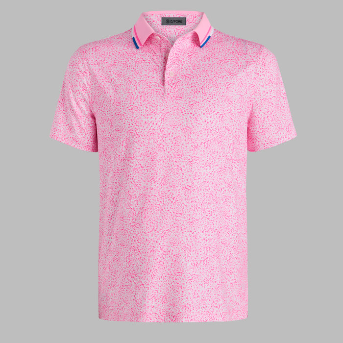 G/FORE Fireworks Tech Jersey Golf Polo Shirt in Blush pink, showing front of the shirt with blue trim on collar