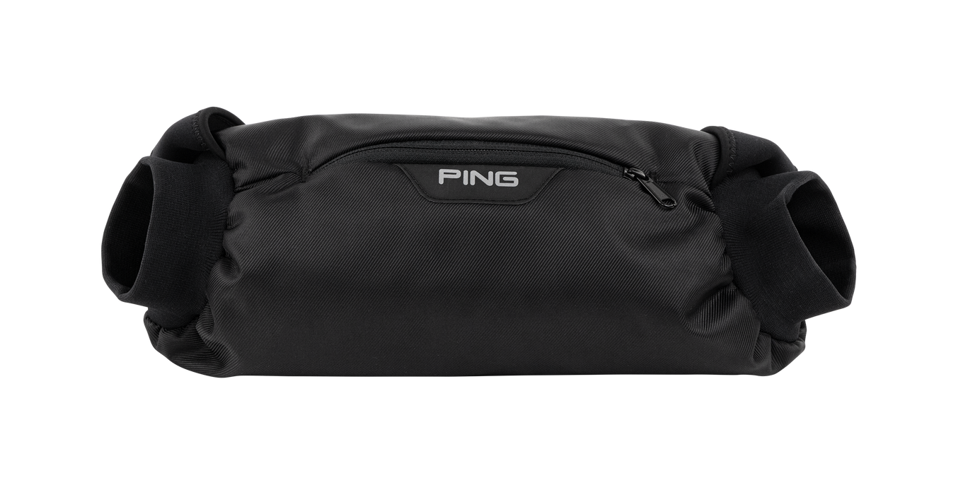 PING Winter Hand Warmer in black with a front zip pocket and elasticated cuffs, isolated on a white background.