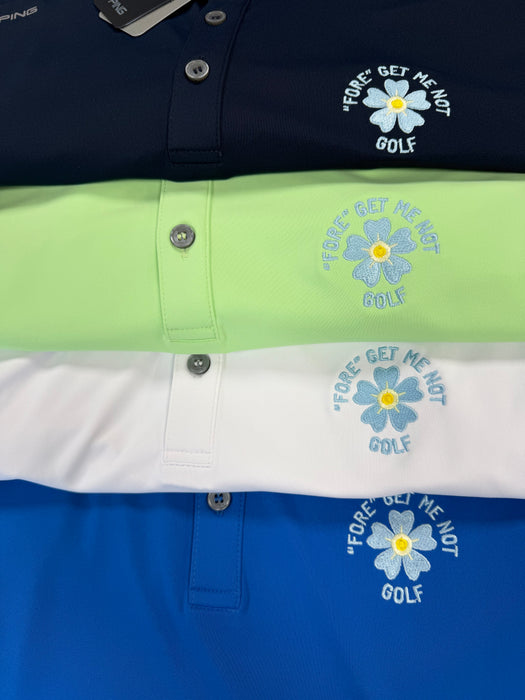 Stacked PING Lindum Fore Get Me Not golf polo shirts in navy, lime, white, and blue with embroidered flower detail.