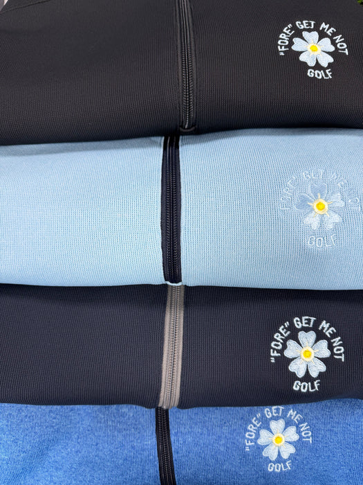 PING Ramsey Men's Fore Get Me Not golf mid layers in black and blue, featuring embroidered flower chest logos.