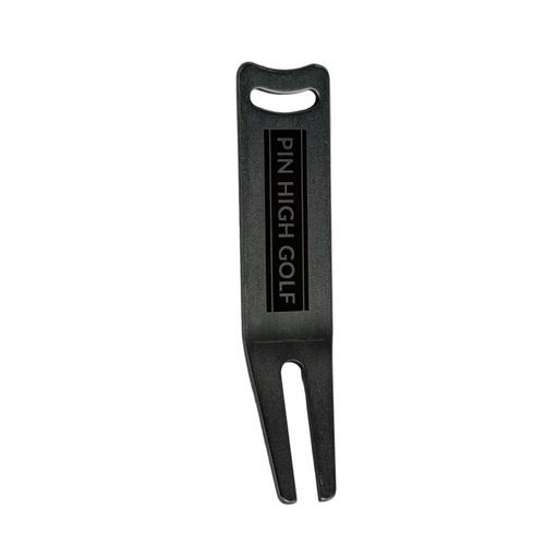 Black golf divot tool with 'Pin High Golf' branding on a white background