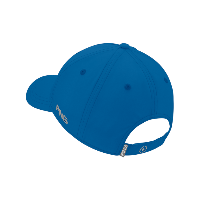 PING Fore Get Me Not golf hat in bright blue, side view showing silver branding and adjustable strap detail.