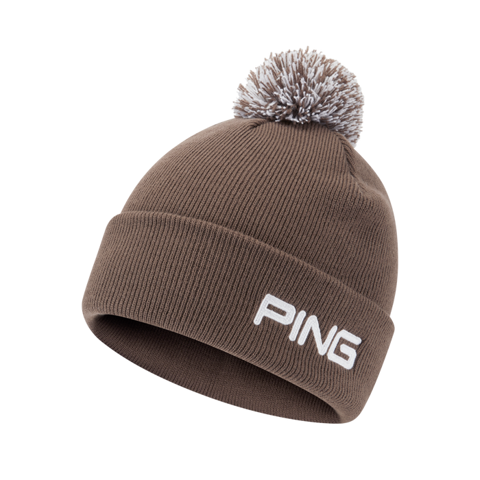 Ping Cresting Knit men's coffee brown bobble beanie with white embroidered logo and matching pom-pom.