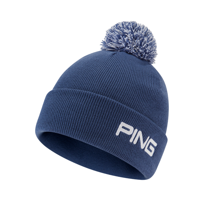Ping Cresting Knit bobble beanie in deep sea blue with white embroidered logo and a matching two-tone pom-pom.