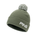 Ping Cresting Knit bobble beanie in laurel green with white embroidered logo and matching pom-pom, side view.