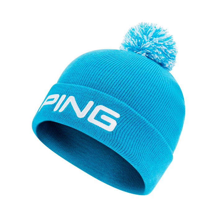 PING Classic Bobble Golf Hat in cyan with a white embroidered logo, ribbed knit design, and a matching bobble top.