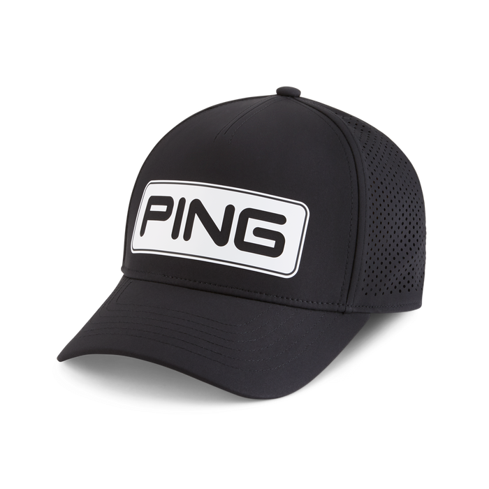 PING Tour Vented Delta Golf Hat in black front view of logo and peak
