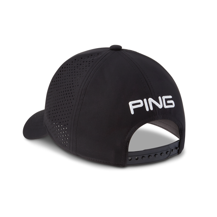 PING Tour Vented Delta Golf Hat in black, showing the back of the hat and the adjustable strap