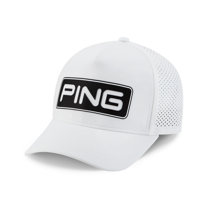 PING Tour Vented Delta Golf Hat in white, view of the front logo and peak