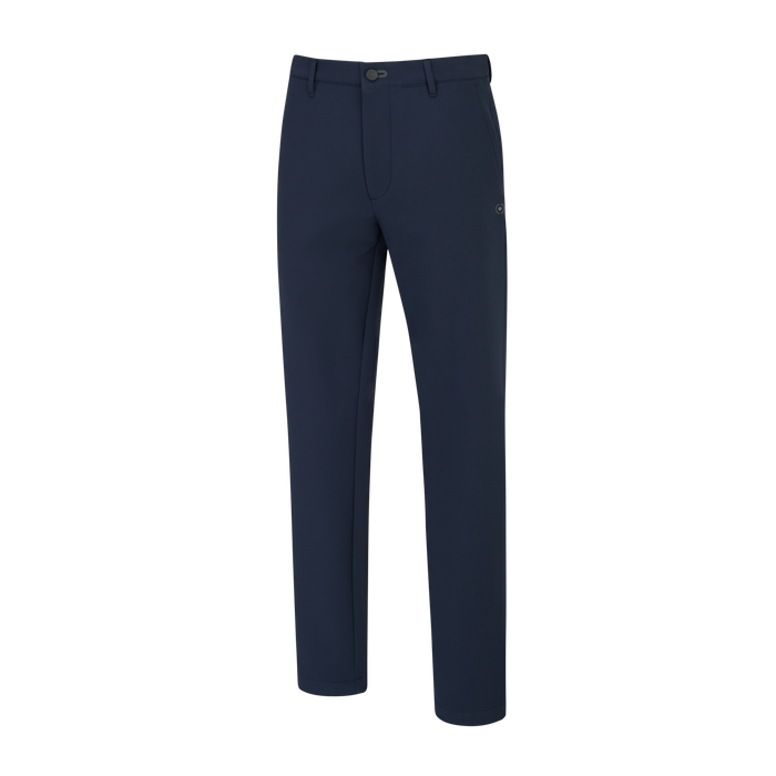 Ping SensorWarm II men's winter golf trousers in navy blue, front view with button fastening and slim leg design.