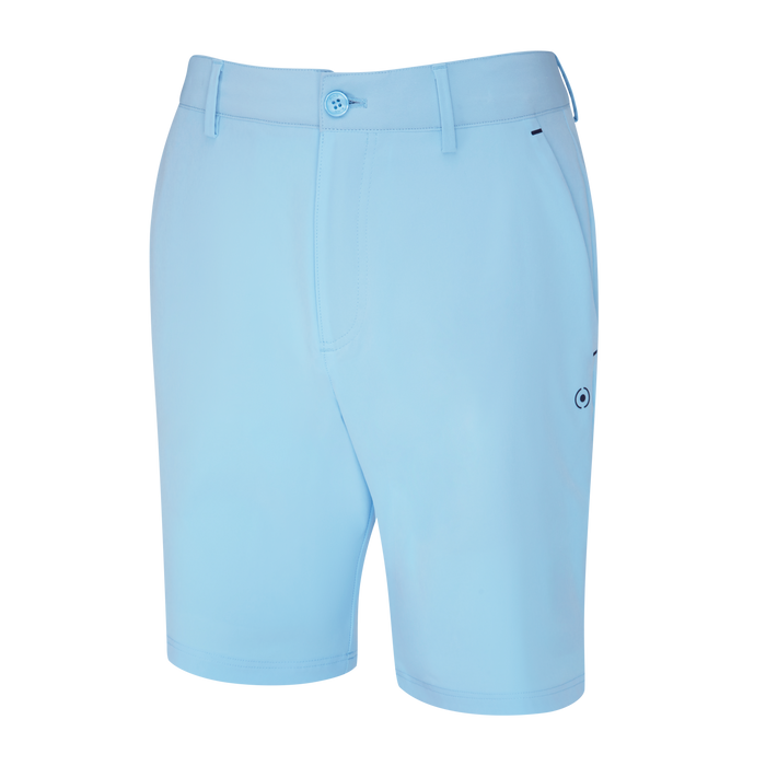 Ping Ari Stretch Men's Golf Shorts in light blue, showing front left pocket and button