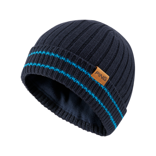 PING Montford golf beanie in navy and cyan, featuring a ribbed knit design and a brown leather-look logo patch.