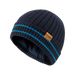 PING Montford golf beanie in navy and cyan, featuring a ribbed knit design and a brown leather-look logo patch.