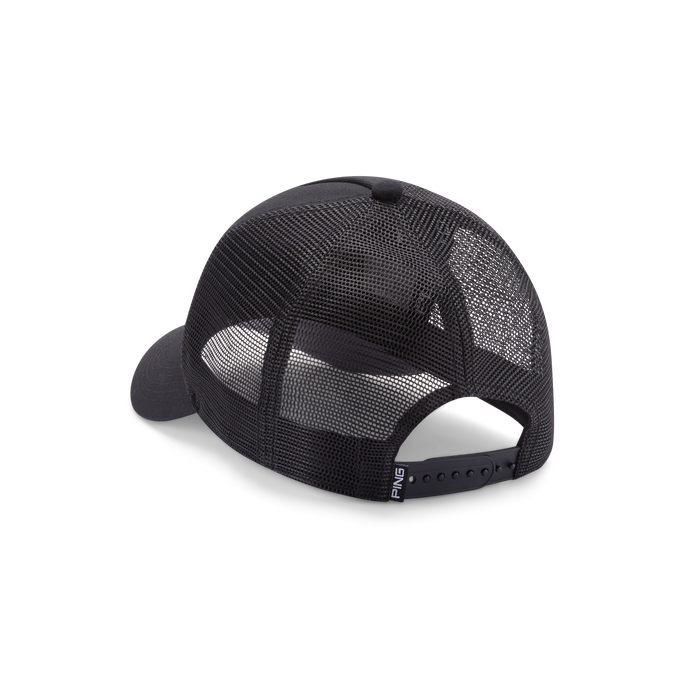 PING 59 Trucker Golf Hat in black, showing mesh back and adjustable strap