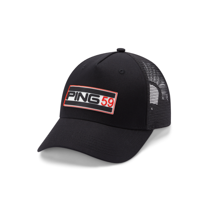 PING 59 Trucker Golf Hat in black showing logo on front with hints of red