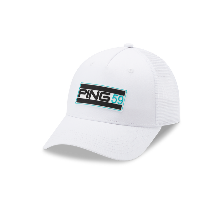 PING 59 Trucker Golf Hat in white showing retro logo on front
