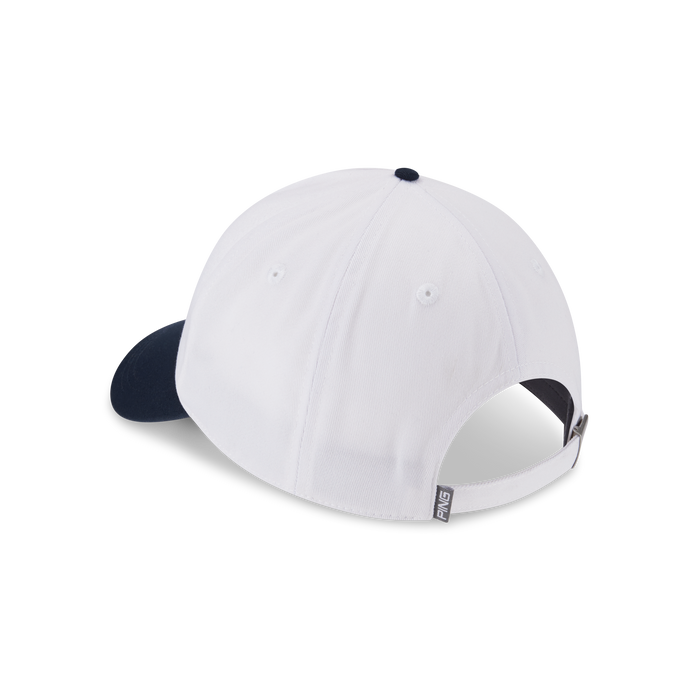 PING Retro Golf Hat, showing white and navy hats adjustable strap