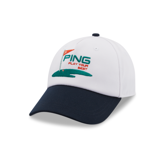 PING Retro Golf Hat in white and navy showing retro logo and peak