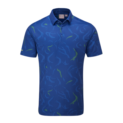 Ping Ephron Printed Golf Polo Shirt - Blue polo shirt with green pattern on a white background