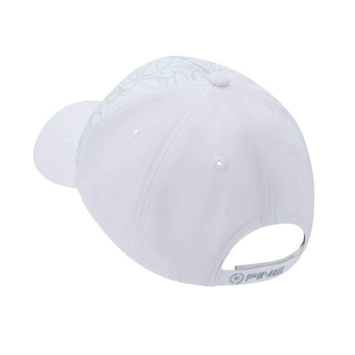 Ping Nicolo Printed Golf Hat in white with grey floral pattern, showing strap