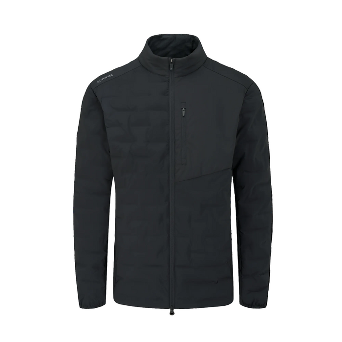 A black PING Norse Cocoon 2.0 Men's Golf Jacket. A men's lightweight puffer jacket with a stand-up collar, full-length front zipper, and a vertical zippered chest pocket, shown on a plain white background.