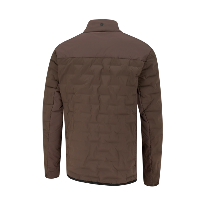 A brown PING Norse Cocoon 2.0 Men's Golf Jacket with a high collar and a button closure at the back, shown from the rear on a solid white background.