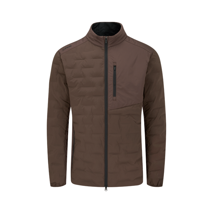 A men's brown lPING Norse Cocoon 2.0 Men's Golf Jacket with a stand-up collar, full-length front zipper, and a vertical zippered chest pocket, shown on a plain white background.