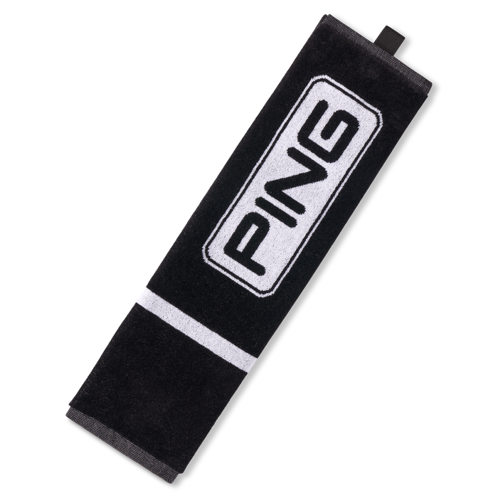 PING Tri-Fold Golf Towel in black with white logo