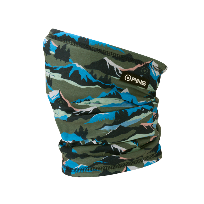PING winter golf snood in a green, blue, and pink mountain landscape print with a black PING logo tab.