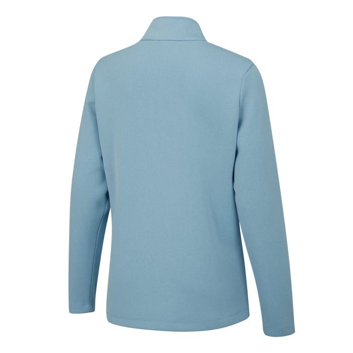 Back view of the PING Lyla Ladies light blue half-zip golf mid layer with a textured fabric finish.
