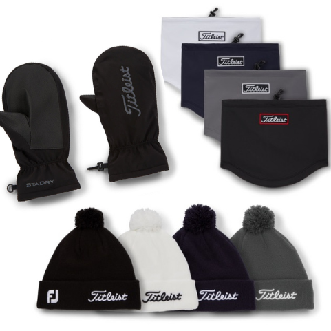 Titleist Tour Winter Bundle including every available colour that you can mix and match in the bundle. 4 titleist tour pom pom hats, 4 titleist tour performance snood and the titleist stadry winter mitts