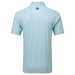 Light blue patterned polo shirt with a brand logo on the chest on a white background