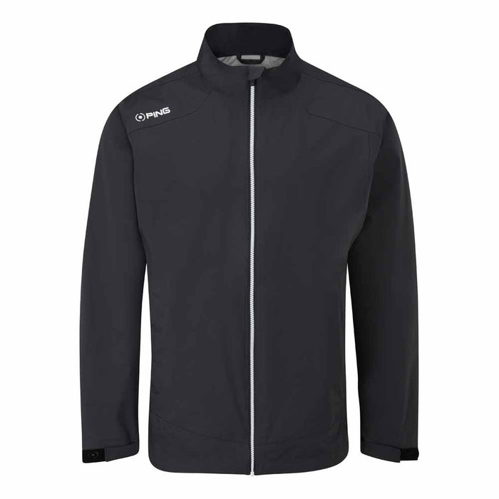 PING AquaDrive men's waterproof golf jacket in black, front view featuring a full-length zip and white logo branding.
