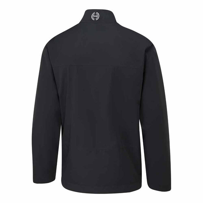 Back view of the black PING AquaDrive men's waterproof golf jacket with a high collar and white logo detail.