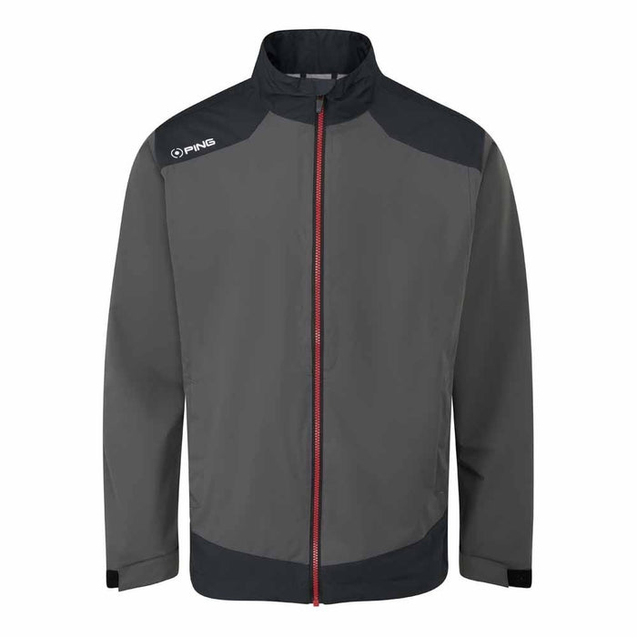 PING AquaDrive men's waterproof golf jacket in asphalt and black, front view with a full-length red zip.