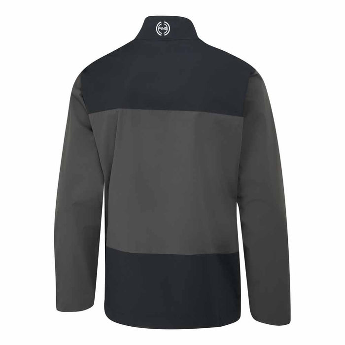 Back view of a black and grey PING AquaDrive waterproof golf jacket with a high collar and logo detail.