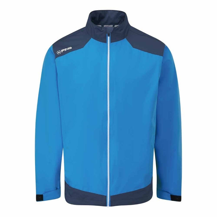 PING AquaDrive men's waterproof golf jacket in brilliant blue and oxford blue, front view with full-zip design.